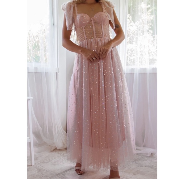 A-Line Off Shoulder Sequins Sheer Corset Tulle Dress Candy Pink